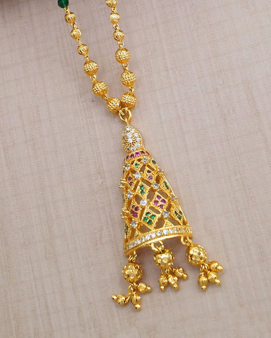 Conical Stone Pendant With Gold Beads Chain Daily Use