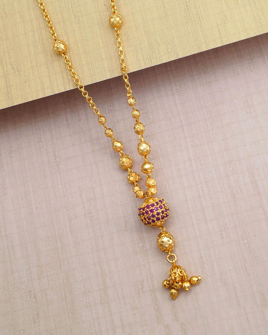 Simple Light Weight Ruby Stone Ball Pendant Gold Beaded Chain