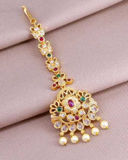 Trendy Ad Stone Peacock Gold Maang Tikka INCHT331