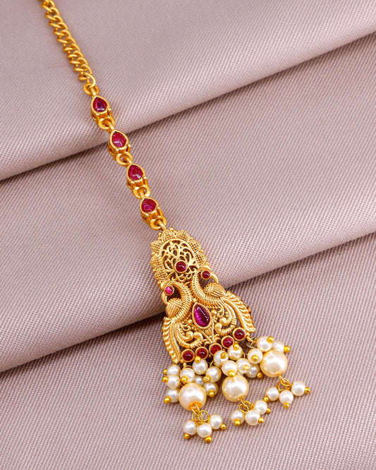 Dual Peacock Maang Tikka With Pearls INCHT350