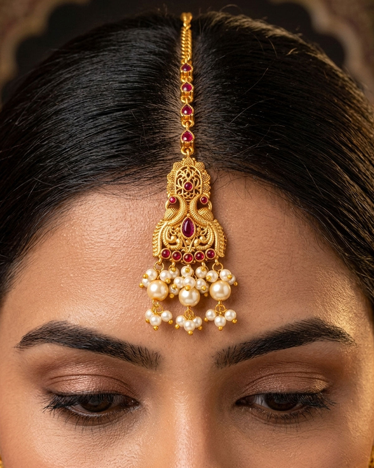 Dual Peacock Maang Tikka With Pearls INCHT350