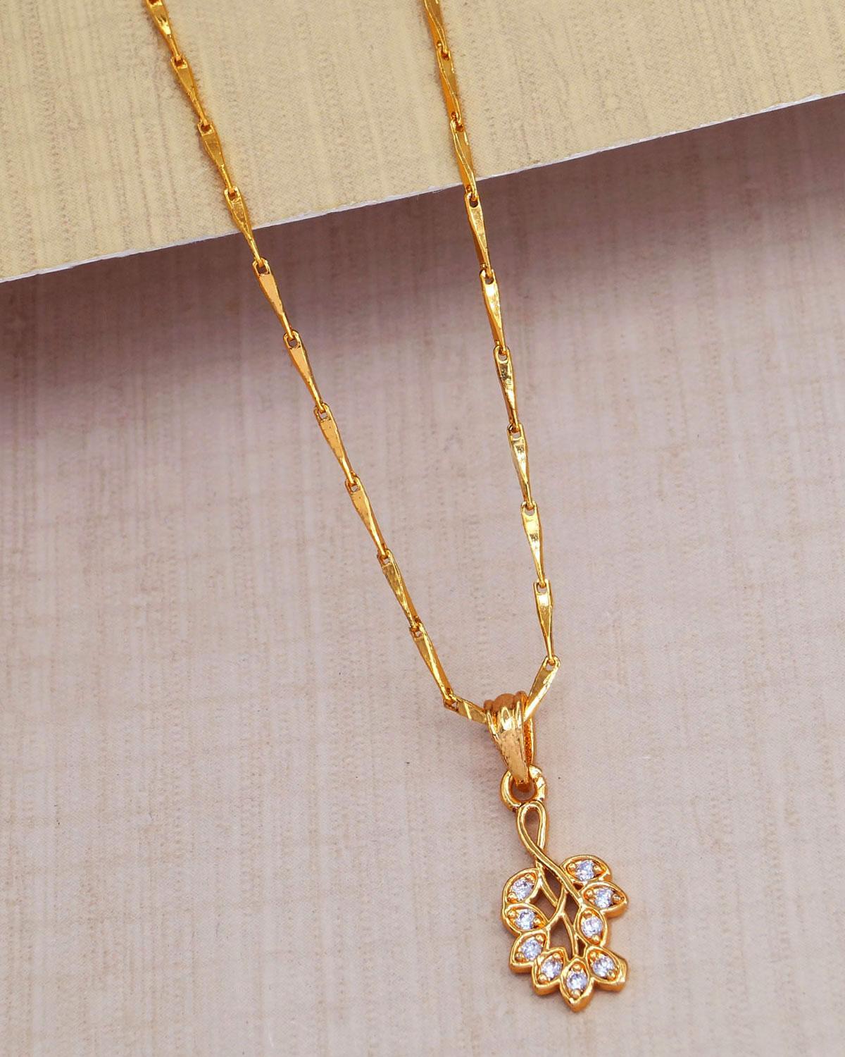 Ad Stone Leaf Design Gold Pendant With Wheat Chain