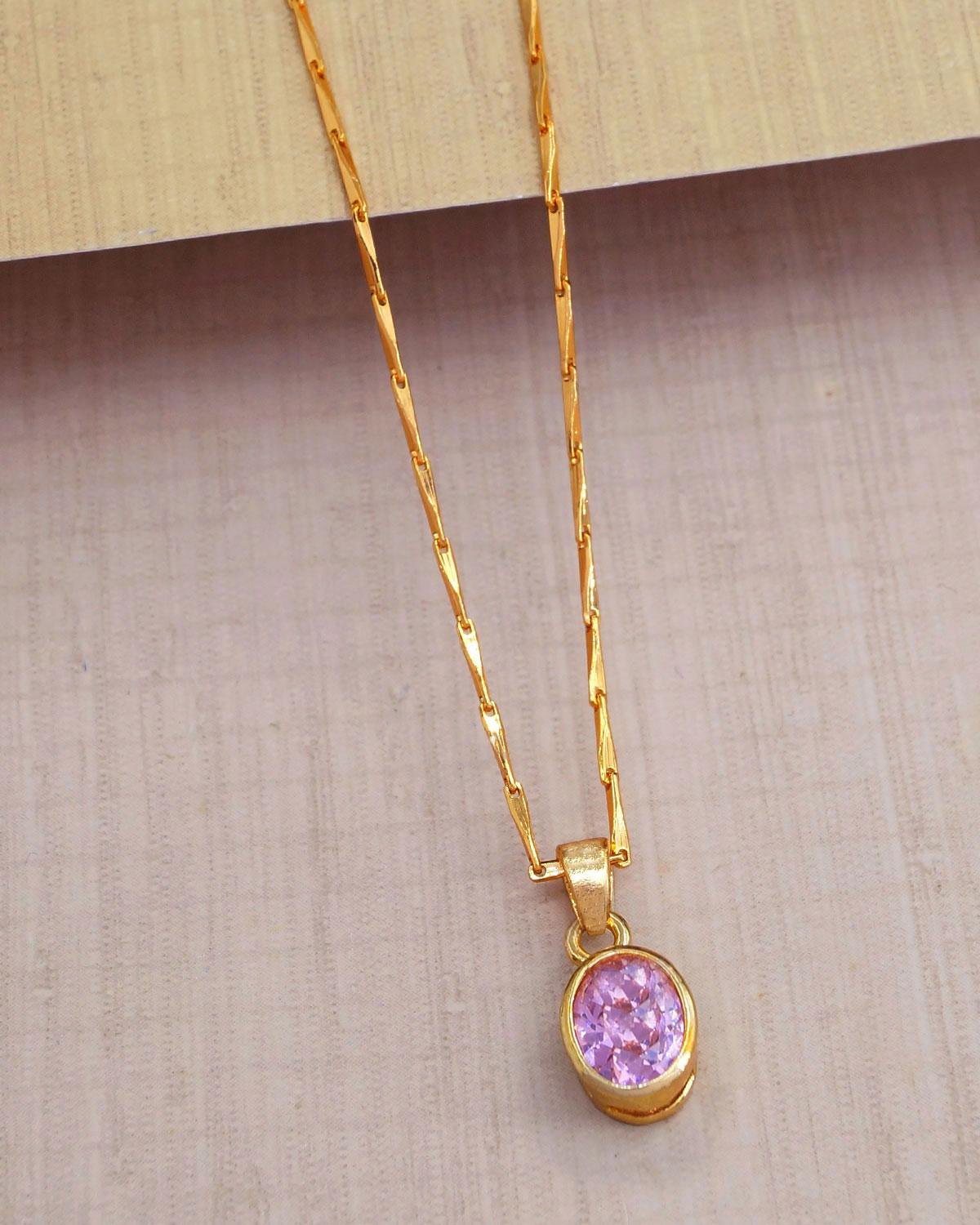 Light Weight Pink Stone Necklace 1 Gram Gold Pendant Chain