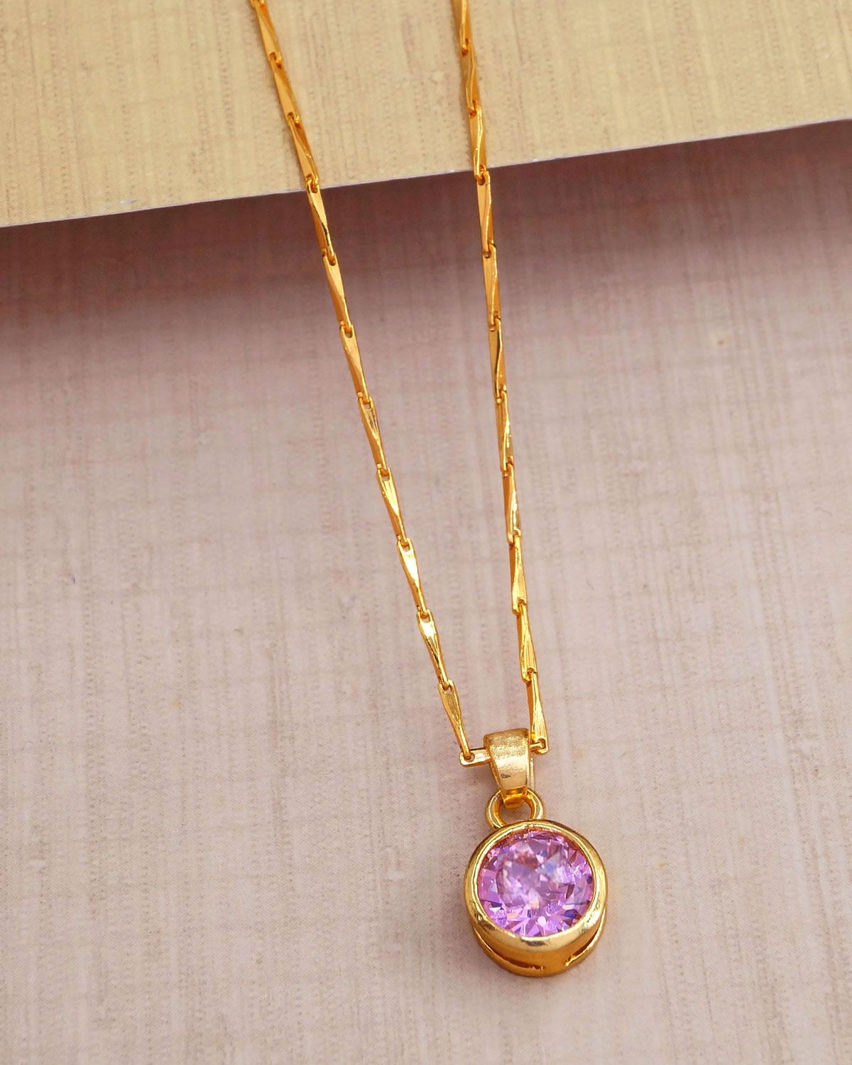 Sleeky One Gram Gold Pendant Short Chain Pink Stone Design