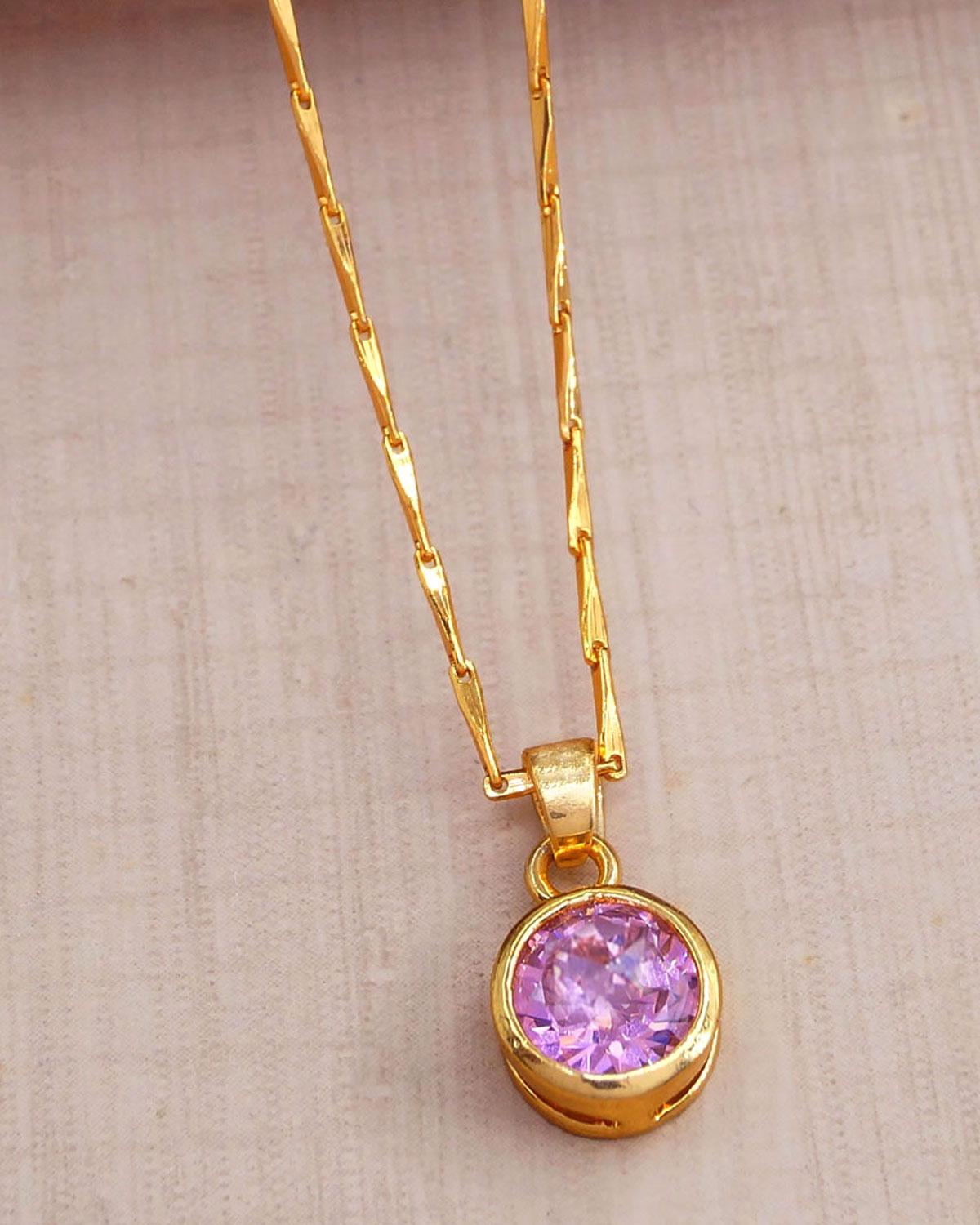 Sleeky One Gram Gold Pendant Short Chain Pink Stone Design