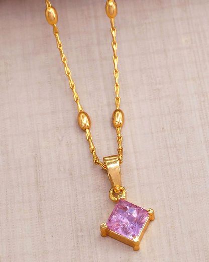 Stylish Single Pink Stone Short Pendant Chain Daily Wear Gold Imitation Jewelry