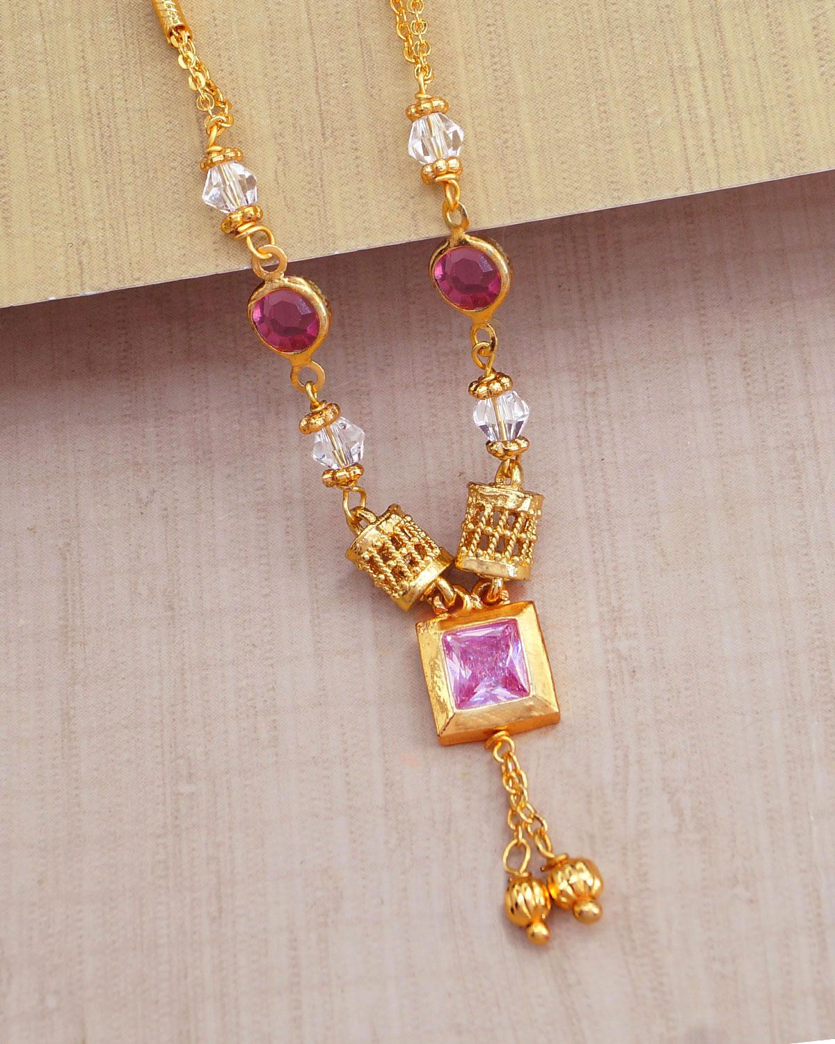 Stylish Gold Plated Western Necklace With Pink And Clear Beads