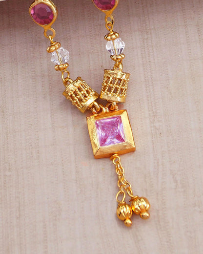 Stylish Gold Plated Western Necklace With Pink And Clear Beads