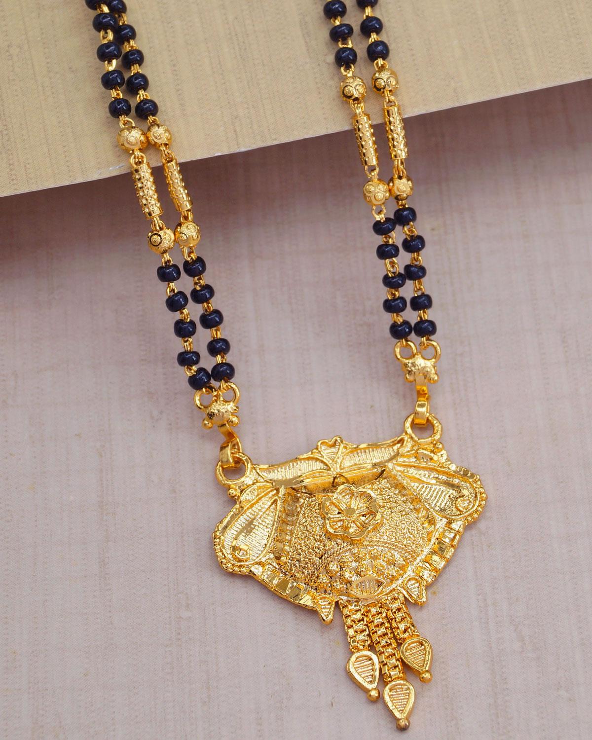 Yellow Gold Two Line Black Bead Mangalsutra Pendant Chain