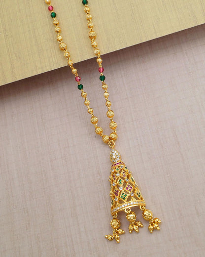Conical Stone Pendant With Gold Beads Chain Daily Use