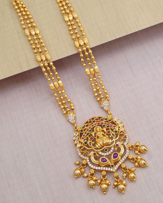 Big Lakshmi Dollor Pendant With Three Line Gold Beads Chain
