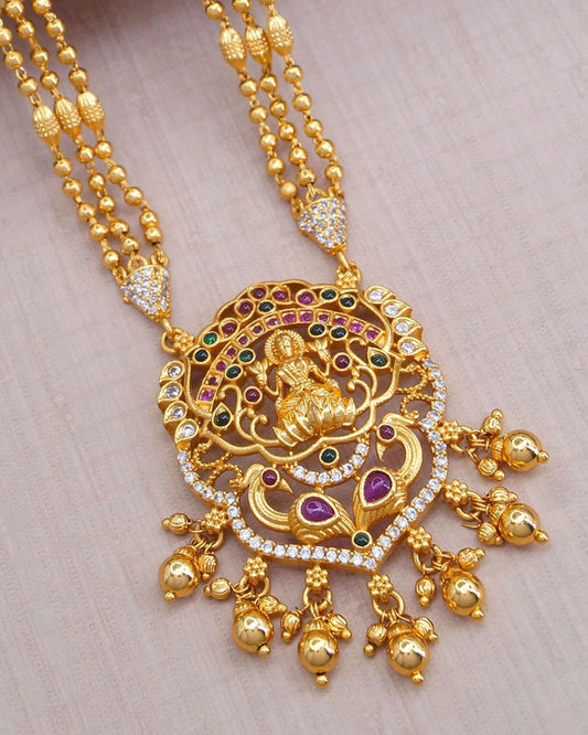 Big Lakshmi Dollor Pendant With Three Line Gold Beads Chain