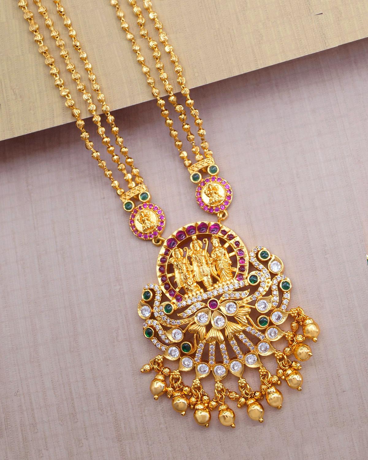 Ram Seeta Lakshman Pendant With Three Line Gold Beads Chain