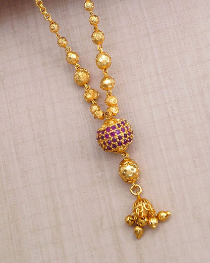 Simple Light Weight Ruby Stone Ball Pendant Gold Beaded Chain
