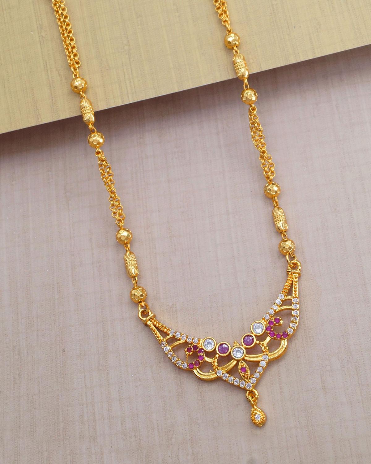 Moon Pendant Multi Stone With 2 Line Gold Beads Chains