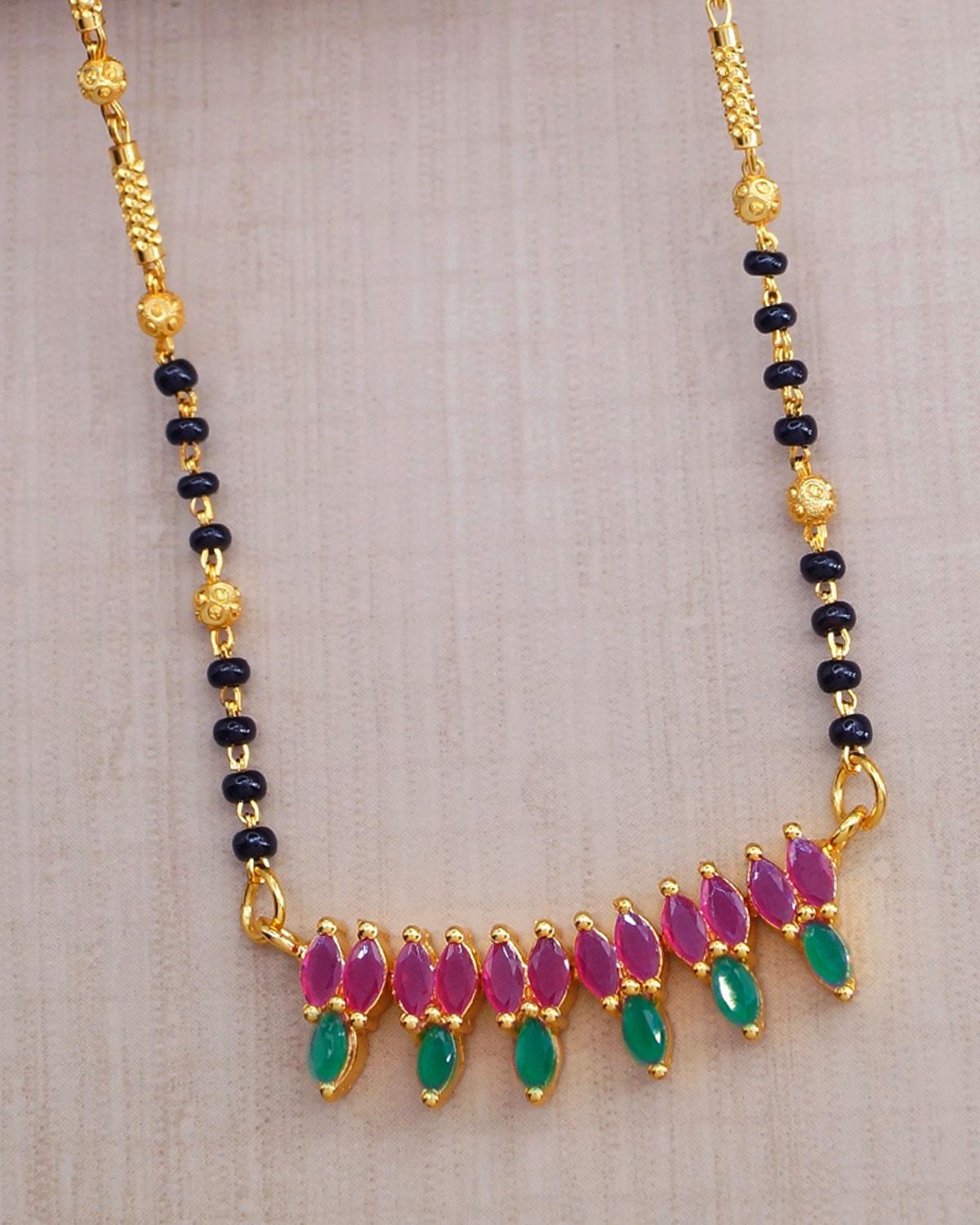 Full Stone Mangalsutra Pendant Chain Earring Combo Ruby Emerald Jewelry Set