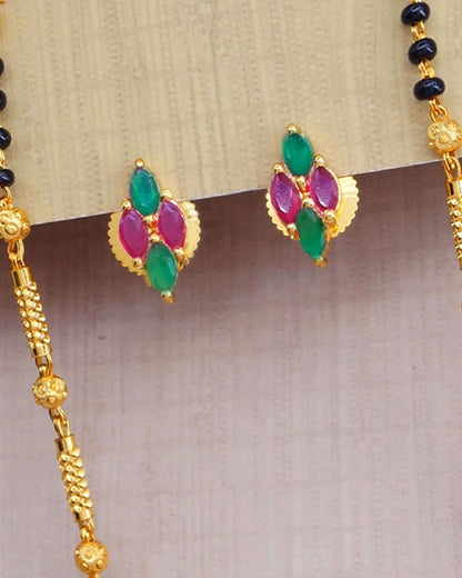 Full Stone Mangalsutra Pendant Chain Earring Combo Ruby Emerald Jewelry Set